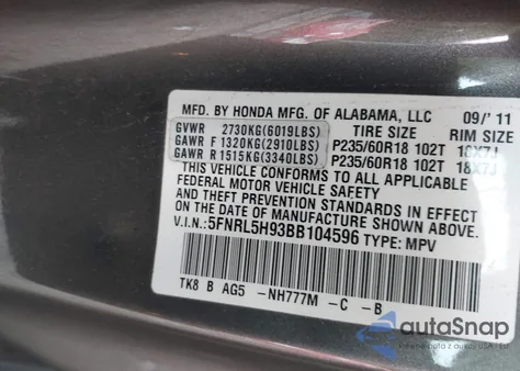 2011 Honda Odyssey Touring/Touring Elite z USA, uszkodzony, nr VIN 5FNRL5H93BB104596